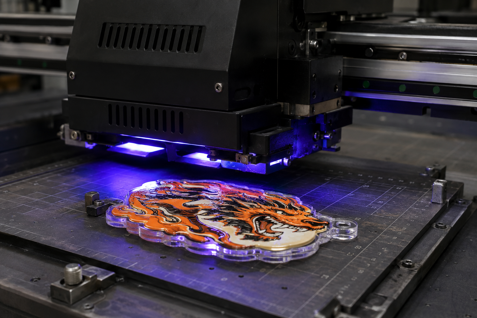 UV printer curing raised ink on an acrylic product